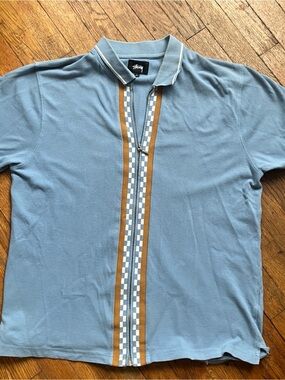 Stussy Julian full zip checkered polo shirt Men's Baby Blue Large